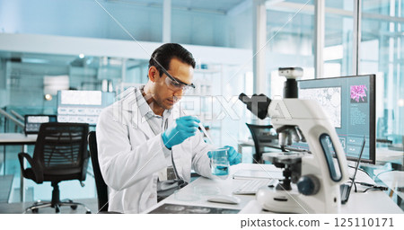 Microscope, healthcare and beaker with man in laboratory for tissue sample, cancer research and science. Cell treatment, report and medical test with person in clinic for tumor enzyme and record 125110171