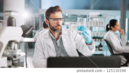 Scientist, man and chemical with laptop for research, breakthrough or medical notes analysis. Biotech, laboratory and microscope with DNA for pharmaceutical RNA study or chemistry experiment project 125110190