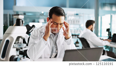 Headache, laptop and science with man in laboratory for research mistake, clinical trial fail or burnout. Healthcare error, tired and medical test results with person in clinic for online and glitch 125110191