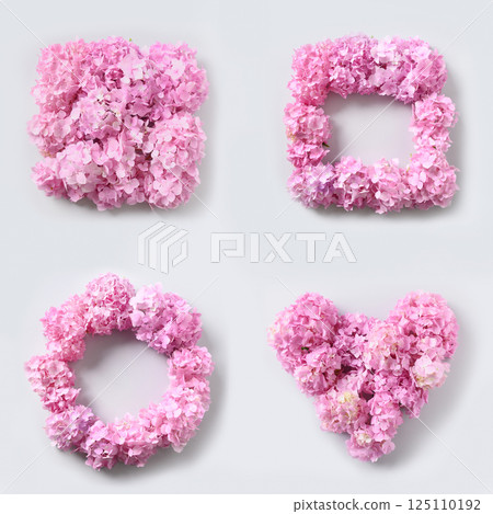 Pink hydrangea flowers as square composition on gray background. Creative greeting card. View from above. 125110192