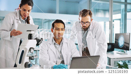 Team, scientist and discussion with laptop for research, neuroscience innovation and people with clipboard. Science lab, medical collaboration and computer with test results, planning and healthcare 125110193