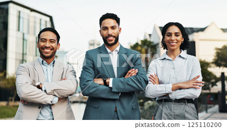 Business people, portrait and confidence with firm in city for corporate real estate or agency. Group, employees or realtors with smile or arms crossed for building development or property management 125110200