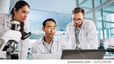 Team, scientist and people with laptop for research, neuroscience innovation and analysis on clipboard. Science lab, medical collaboration and computer with test discussion, planning and healthcare 125110208