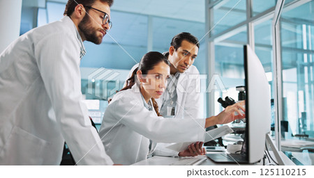 Teamwork, chemistry or scientists on computer for vaccine breakthrough, clinical trial or DNA discovery. People, medical test or science research in lab with results notes, bacteria or medicine cure Teamwork, chemistry or scientists on computer for vaccine breakthrough, clinical trial or DNA discovery. People, medical test or science research in lab with results notes, bacteria or medicine cure 125110215