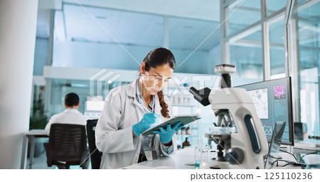 Scientist, woman and tablet with research for biology, innovation or medical notes analysis. Biotech, laboratory and microscope with DNA study for pharmaceutical RNA or pathology experiment project 125110236
