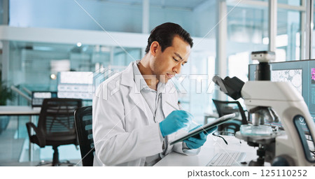 Scientist, man and tablet with microscope for biology, breakthrough or medical research analysis. Biotech, laboratory and thinking with DNA study for pharmaceutical RNA or pathology experiment Scientist, man and tablet with microscope for biology, breakthrough or medical research analysis. Biotech, laboratory and thinking with DNA study for pharmaceutical RNA or pathology experiment 125110252