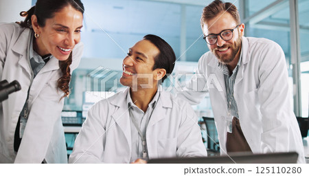Team, scientist and discussion with laptop in lab for cure discovery, breakthrough or happy for innovation. Science worker, medical collaboration or computer with test results for healthcare research Team, scientist and discussion with laptop in lab for cure discovery, breakthrough or happy for innovation. Science worker, medical collaboration or computer with test results for healthcare research 125110280