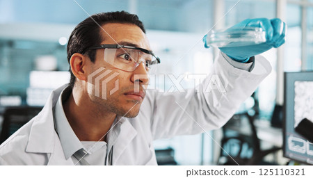 Scientist, man and petri dish with study for biology, bacteria breakthrough or medical research. Biotech, laboratory and thinking with DNA analysis for pharmaceutical RNA or pathology experiment 125110321