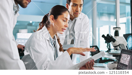 Teamwork, people or scientists on laptop for clinical trial, vaccine breakthrough and DNA discovery. Talking, medical test or science research in lab with results notes, bacteria or medicine cure 125110354