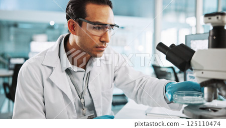 Scientist, man and microscope with petri dish for biology, breakthrough or medical research analysis. Biotech, laboratory and thinking with DNA study for pharmaceutical RNA or pathology experiment 125110474