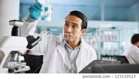 Microscope, chemical and research with man in laboratory for science sample, molecular reaction and healthcare. Medicine, vaccine experiment and medical test with person for pharmacy and clinic 125110523