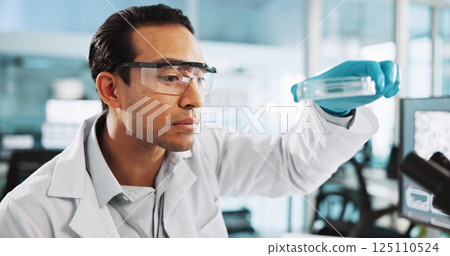 Scientist, man and petri dish with analysis for biology, breakthrough or medical research. Biotech, laboratory and microscope with bacteria DNA study for pharmaceutical RNA or pathology experiment 125110524