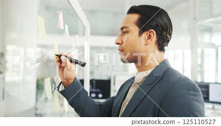 Writing, planning and man with ideas, office or info for strategy in corporate company or glass. Serious, banker and person with sticky notes for potential investment or financial growth for business Writing, planning and man with ideas, office or info for strategy in corporate company or glass. Serious, banker and person with sticky notes for potential investment or financial growth for business 125110527