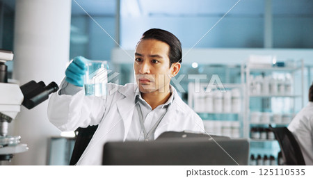 Laptop, science and solution with man in laboratory for healthcare, medical or pharmaceutical innovation. Computer beaker and microscope with scientist in clinical trial for development or research 125110535
