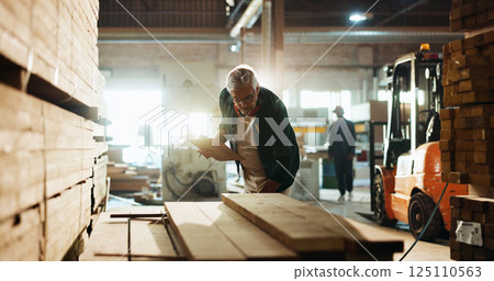 Carpenter, workshop and clipboard with wood inspection for quality control, inventory management and timber evaluation. Manufacturing, mature man and paperwork for carpentry stock and supply chain 125110563