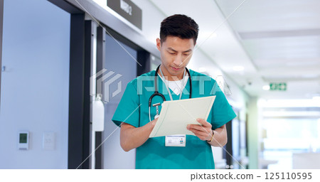 Healthcare, man and nurse with document for reading, patient information and medical records. Hospital, asian person and surgeon with paperwork for diagnosis results, review and report for treatment Healthcare, man and nurse with document for reading, patient information and medical records. Hospital, asian person and surgeon with paperwork for diagnosis results, review and report for treatment 125110595