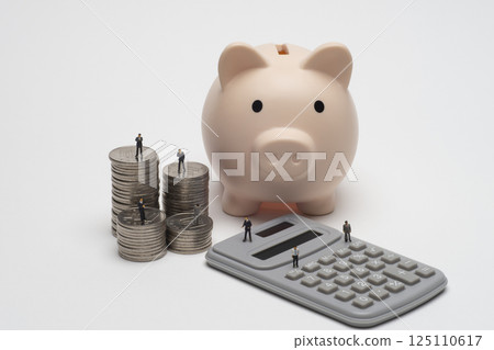 Pig money box, coins, calculator and diorama doll Pig money box, coins, calculator and diorama doll 125110617