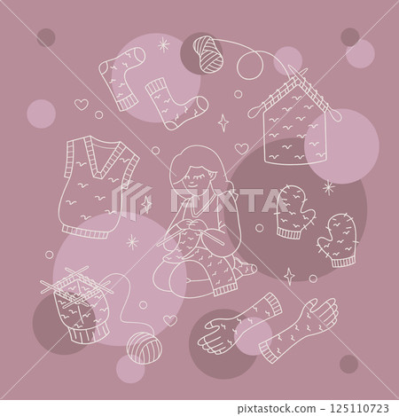 A set with a knitting girl and knitted clothes color. Outline illustration for your projects. 125110723