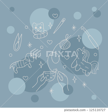 Knitting amigurumi, knitted toys and tools color. Outline illustration for your projects. Knitting amigurumi, knitted toys and tools color. Outline illustration for your projects. 125110727