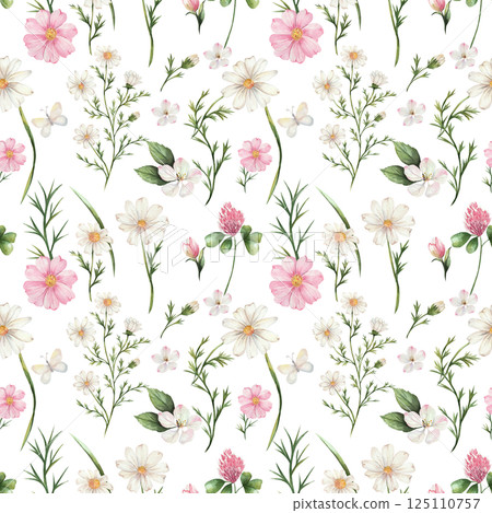 Seamless watercolor pattern of wildflowers and butterflies. Chamomile, apple tree, cameo, clover. Composition of delicate flowers of white, pink and green. Isolated. Wedding, wallpapers, backgrounds 125110757