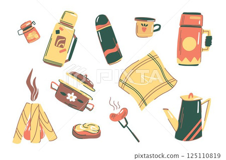 Colorful Camping Equipment Set Hand Drawn Picnic and Outdoor Cooking Elements on White Background Colorful Camping Equipment Set Hand Drawn Picnic and Outdoor Cooking Elements on White Background 125110819