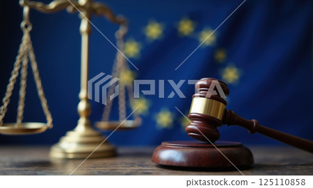 Gavel and scales of justice against European Union flag 125110858