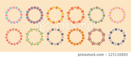 Groovy flower circle frame set. Floral simple circle frame. Hand drawn botanical round border, laurel, wreath with flowers illustration for wedding invitation, card, logo 125110893