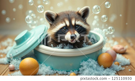 Adorable raccoon bathing with bubbles 125110930