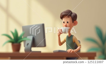 3D cartoon man drinking coffee while working on computer 125111007