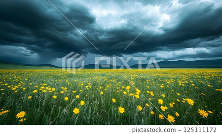 Yellow Flower Field Under Thunderstorm 125111172