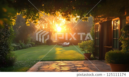 Garden with Warm Sunset Light 125111174