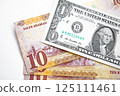 10 euro banknotes and US one dollar bill on the table. 125111461