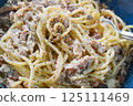 Spathetti sardine on a plate. Pasta sardines on fork. Traditional healthy Italian food. 125111469