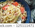 Spathetti sardine on a plate. Pasta sardines with with tomatoe on fork. Traditional healthy Italian food. 125111471