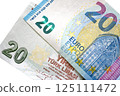 Twenty euro banknotes on white. Business and finance concept. 125111472