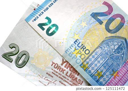Twenty euro banknotes on white. Business and finance concept. 125111472