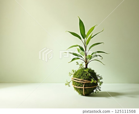 A perfectly round Kokedama with tree, covered in rich green moss on white background A perfectly round Kokedama with tree, covered in rich green moss on white background 125111508