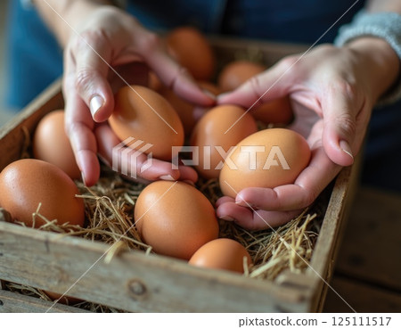 farmers hands taking fresh organic chiken eggs from hay nest 125111517