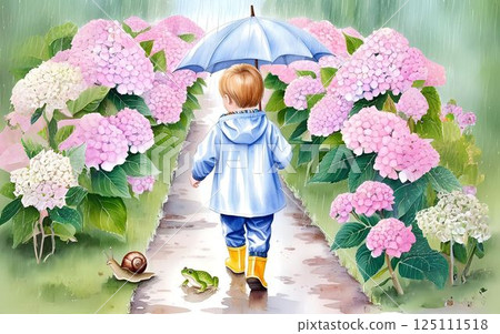 A child walking along a road lined with blooming hydrangeas on a rainy day 125111518