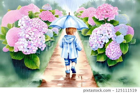 Hydrangea and a child in a raincoat on a rainy day 125111519