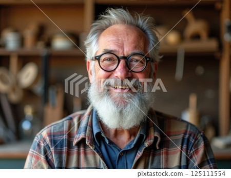 elderly man with a full gray beard, wearing round glasses and a casual flannel shirt a rustic workshop. Man is smiling warmly, revealing a joyful personality. 125111554