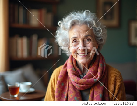 elderly woman with silver hair styled in soft curls, wearing a vibrant scarf and a warm smile 125111558