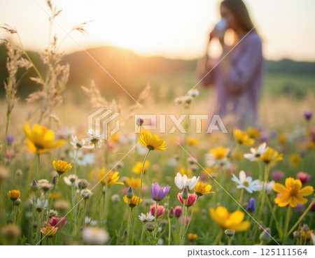 suffering from seasonal allergies in a blooming meadow filled with an abundance of wildflowers and tall grasses 125111564