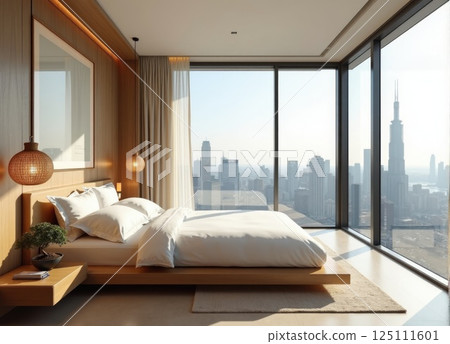 bedroom in skyscarper or hotel room with panoramic window in asian style 125111601