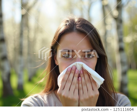 close up of young woman wiping her nose with a tissue blossoming birch on background. seasonal allergies , pollinosis concept. 125111604