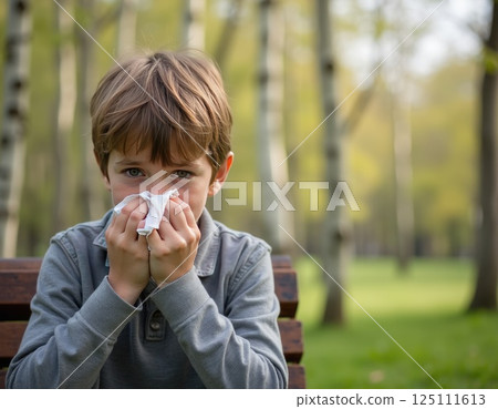 little caucasian boy wiping her nose with a tissue blossoming birch on background. seasonal allergies , pollinosis concept. 125111613