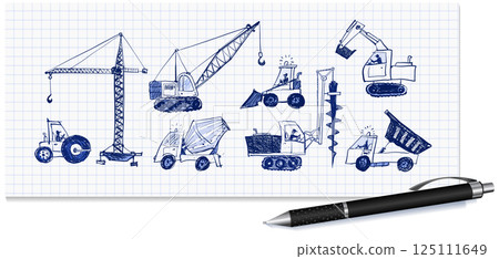 Blue pen doodles of various heavy construction vehicles, including cranes, excavators, trucks, and loaders, in hand-drawn style on lined paper background 125111649