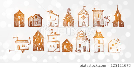 Hand-drawn doodle illustrations of various whimsical houses with unique shapes, details, and architectural styles on white shimmering background 125111673