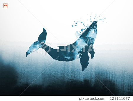Ink wash painting of a blue whale in water. Traditional oriental ink painting sumi-e, u-sin, go-hua. Hieroglyph - spirit. Ink wash painting of a blue whale in water. Traditional oriental ink painting sumi-e, u-sin, go-hua. Hieroglyph - spirit. 125111677