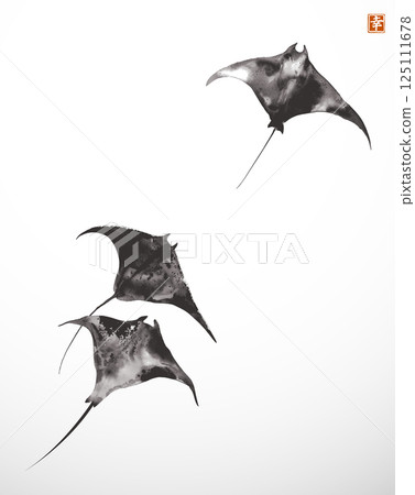Minimalist ink painting of three black manta rays on white background in sumi-e style. Hieroglyph - happiness. 125111678